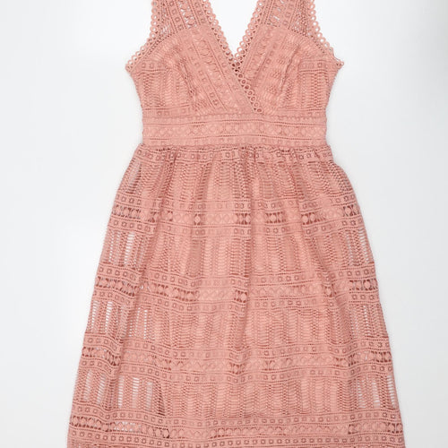 River Island Womens Pink Polyester Fit & Flare Size 10 V-Neck Zip - Crocheted Lace Overlay