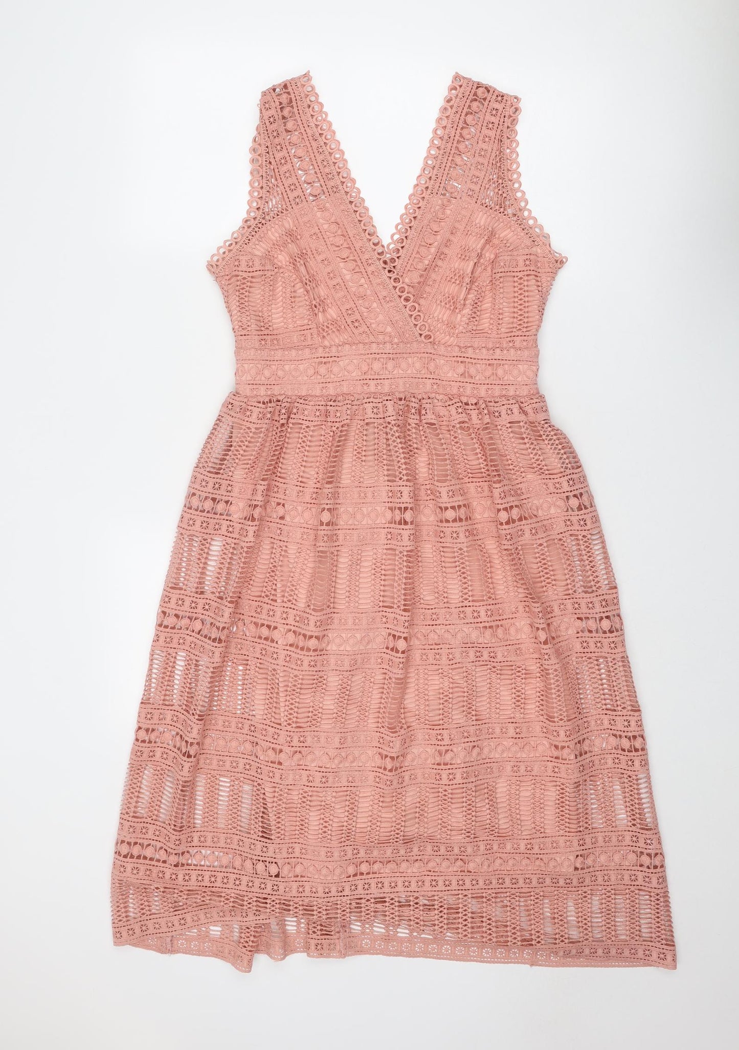 River Island Womens Pink Polyester Fit & Flare Size 10 V-Neck Zip - Crocheted Lace Overlay