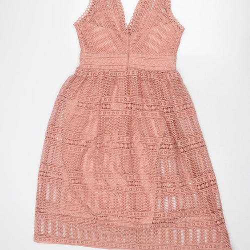 River Island Womens Pink Polyester Fit & Flare Size 10 V-Neck Zip - Crocheted Lace Overlay