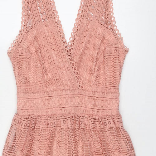 River Island Womens Pink Polyester Fit & Flare Size 10 V-Neck Zip - Crocheted Lace Overlay