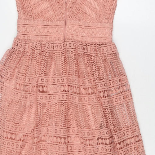 River Island Womens Pink Polyester Fit & Flare Size 10 V-Neck Zip - Crocheted Lace Overlay