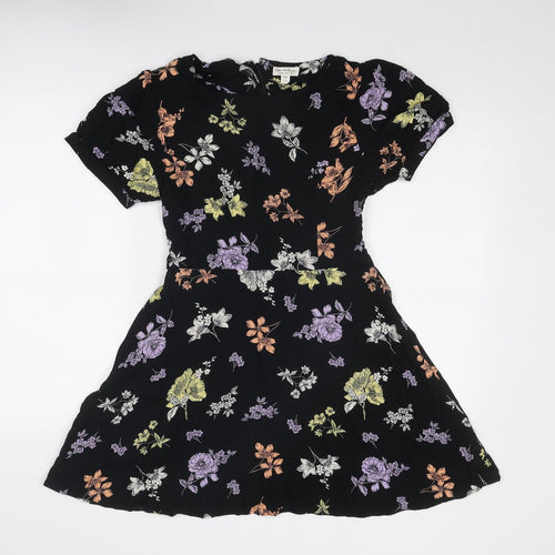 Miss Selfridge Womens Black Floral Viscose Mini Size 12 Boat Neck Pullover