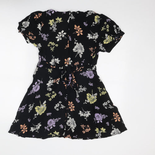 Miss Selfridge Womens Black Floral Viscose Mini Size 12 Boat Neck Pullover