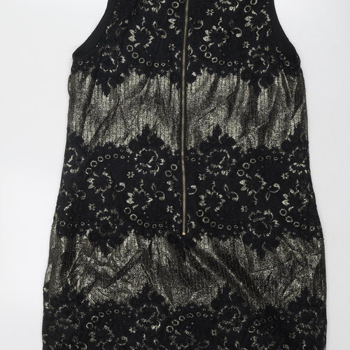Oasis Womens Black Geometric Polyamide Shift Size 14 Boat Neck Zip - Lace Detail
