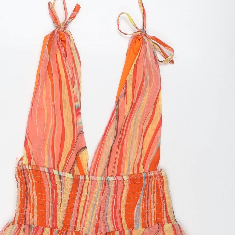 Influence Womens Multicoloured Striped Polyester Mini Size M V-Neck Pullover - Tie Shoulder Detail