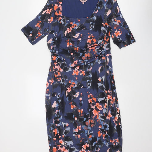 Phase Eight Womens Blue Floral Viscose Sheath Size 14 Scoop Neck Pullover