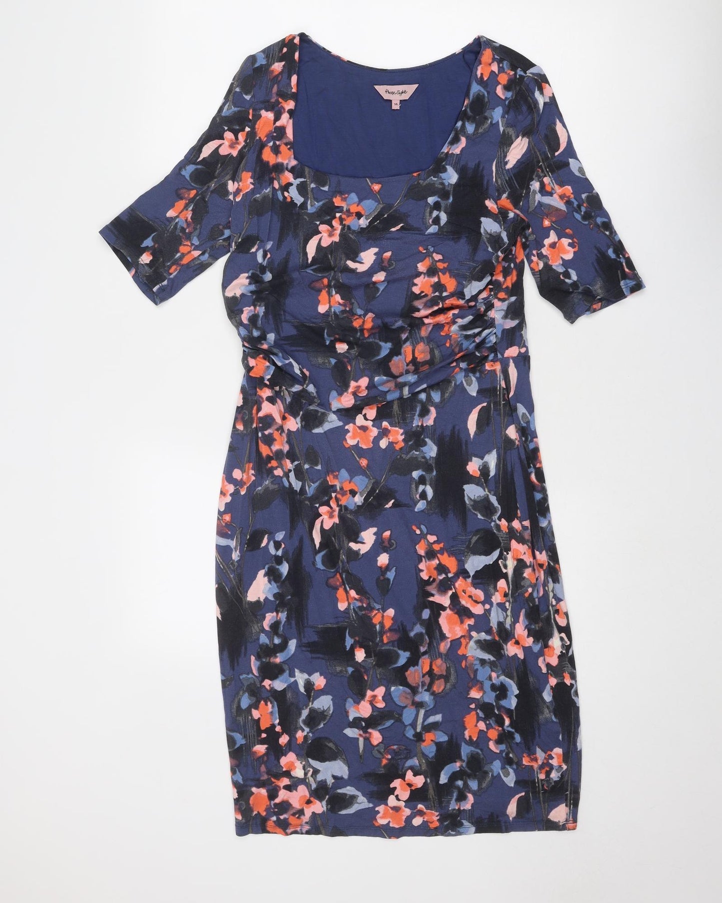 Phase Eight Womens Blue Floral Viscose Sheath Size 14 Scoop Neck Pullover