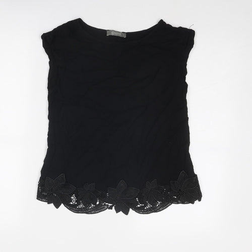 Oasis Womens Black Viscose Basic T-Shirt Size 8 Boat Neck - Crocheted Lace Detail
