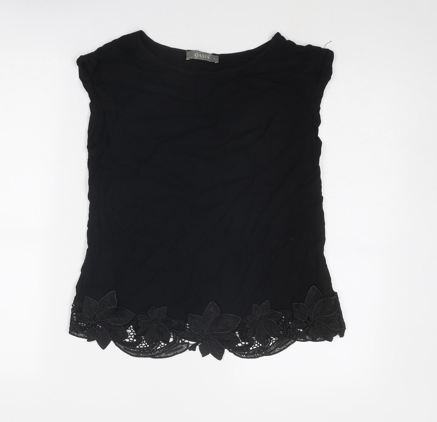 Oasis Womens Black Viscose Basic T-Shirt Size 8 Boat Neck - Crocheted Lace Detail