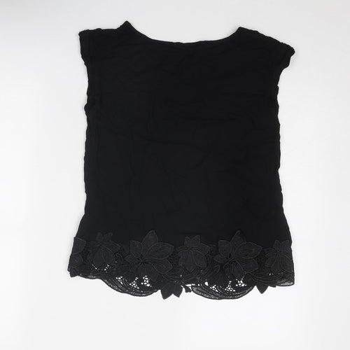 Oasis Womens Black Viscose Basic T-Shirt Size 8 Boat Neck - Crocheted Lace Detail