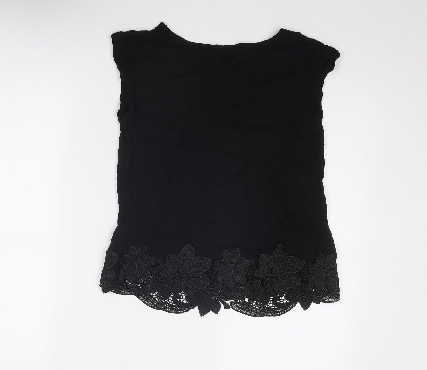 Oasis Womens Black Viscose Basic T-Shirt Size 8 Boat Neck - Crocheted Lace Detail