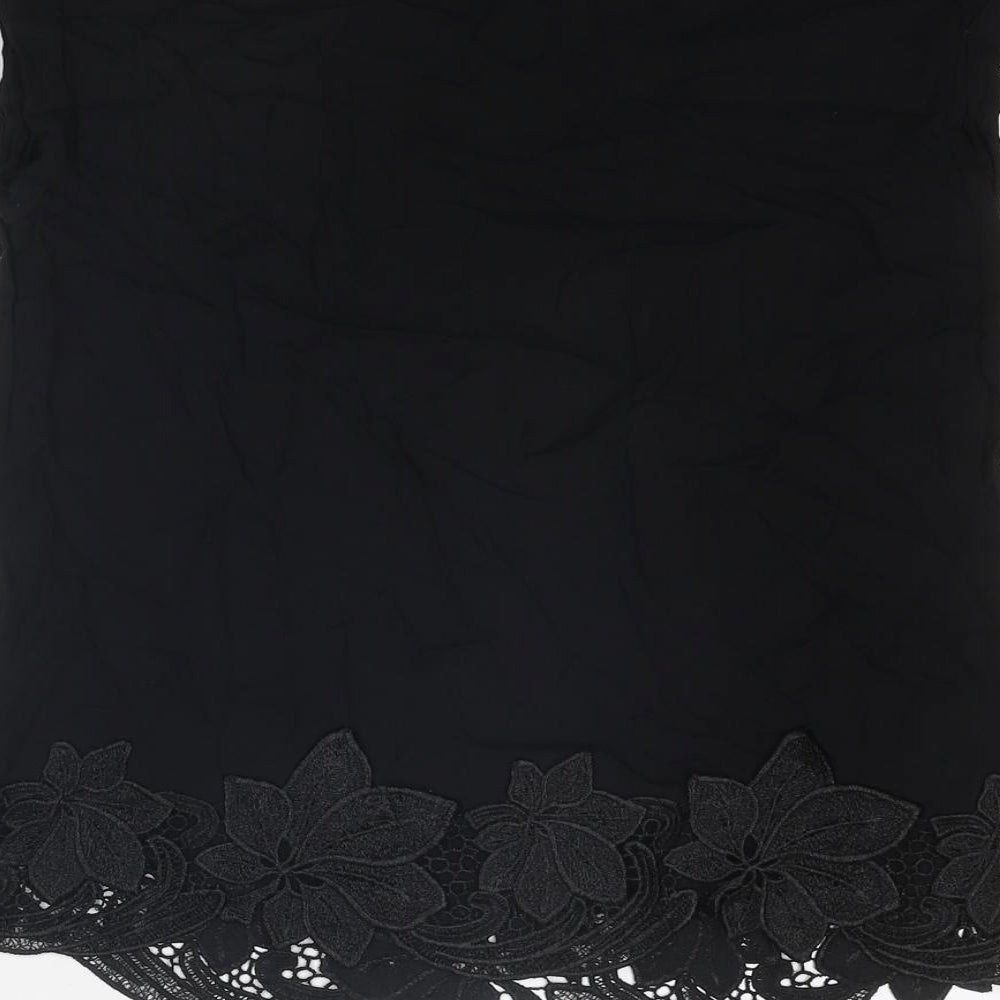 Oasis Womens Black Viscose Basic T-Shirt Size 8 Boat Neck - Crocheted Lace Detail