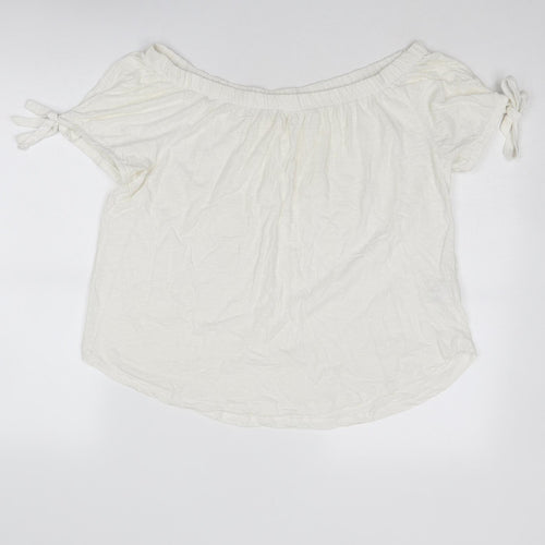 H&M Womens Ivory Cotton Basic Blouse Size M Off the Shoulder - Tie Sleeve Detail