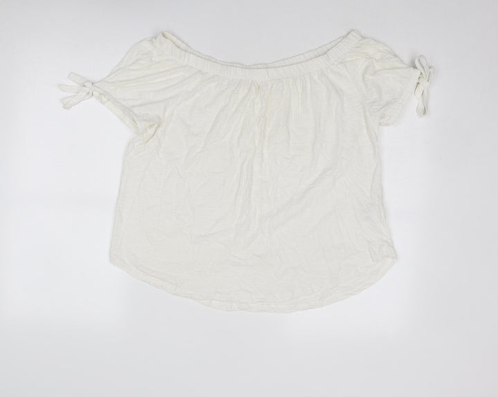 H&M Womens Ivory Cotton Basic Blouse Size M Off the Shoulder - Tie Sleeve Detail
