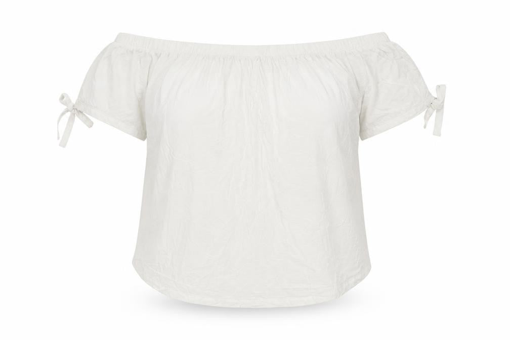 Front view of H&M women’s ivory cotton basic blouse, size M, off the shoulder - tie sleeve detail