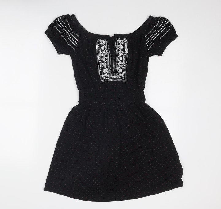 Topshop Womens Black Geometric Cotton Fit & Flare Size 10 Round Neck Pullover