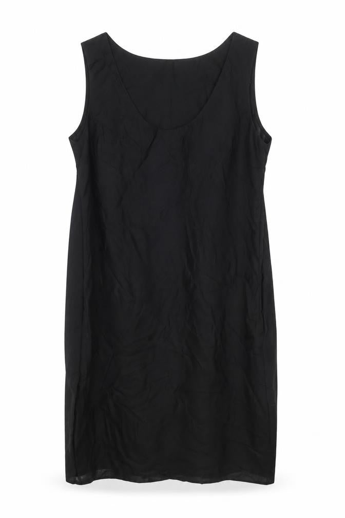 Front view of French Connection women’s black cupro shift, size UK 12, round neck zip