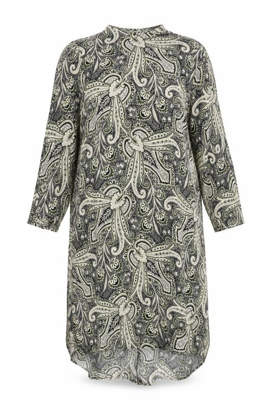 Front view of Topshop women’s multicoloured geometric viscose ball gown, size UK 12, round neck zip