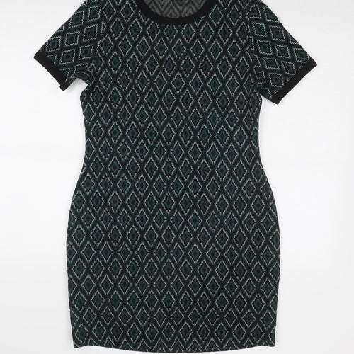 Select Womens Green Geometric Polyester A-Line Size 14 Round Neck Pullover