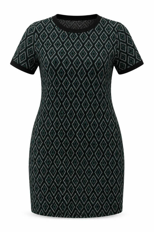 Front view of Select women’s green geometric polyester a-line, size UK 14, round neck pullover
