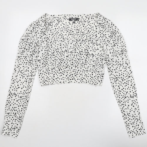 Missguided Womens White Animal Print Polyester Cropped Blouse Size 8 Scoop Neck - Spotted