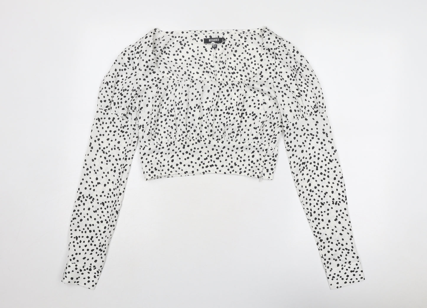 Missguided Womens White Animal Print Polyester Cropped Blouse Size 8 Scoop Neck - Spotted