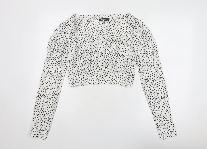 Missguided Womens White Animal Print Polyester Cropped Blouse Size 8 Scoop Neck - Spotted