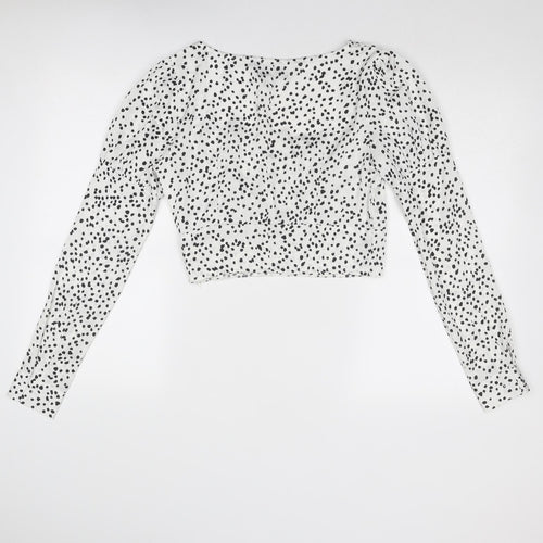 Missguided Womens White Animal Print Polyester Cropped Blouse Size 8 Scoop Neck - Spotted