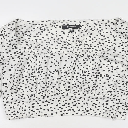 Missguided Womens White Animal Print Polyester Cropped Blouse Size 8 Scoop Neck - Spotted