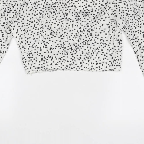 Missguided Womens White Animal Print Polyester Cropped Blouse Size 8 Scoop Neck - Spotted