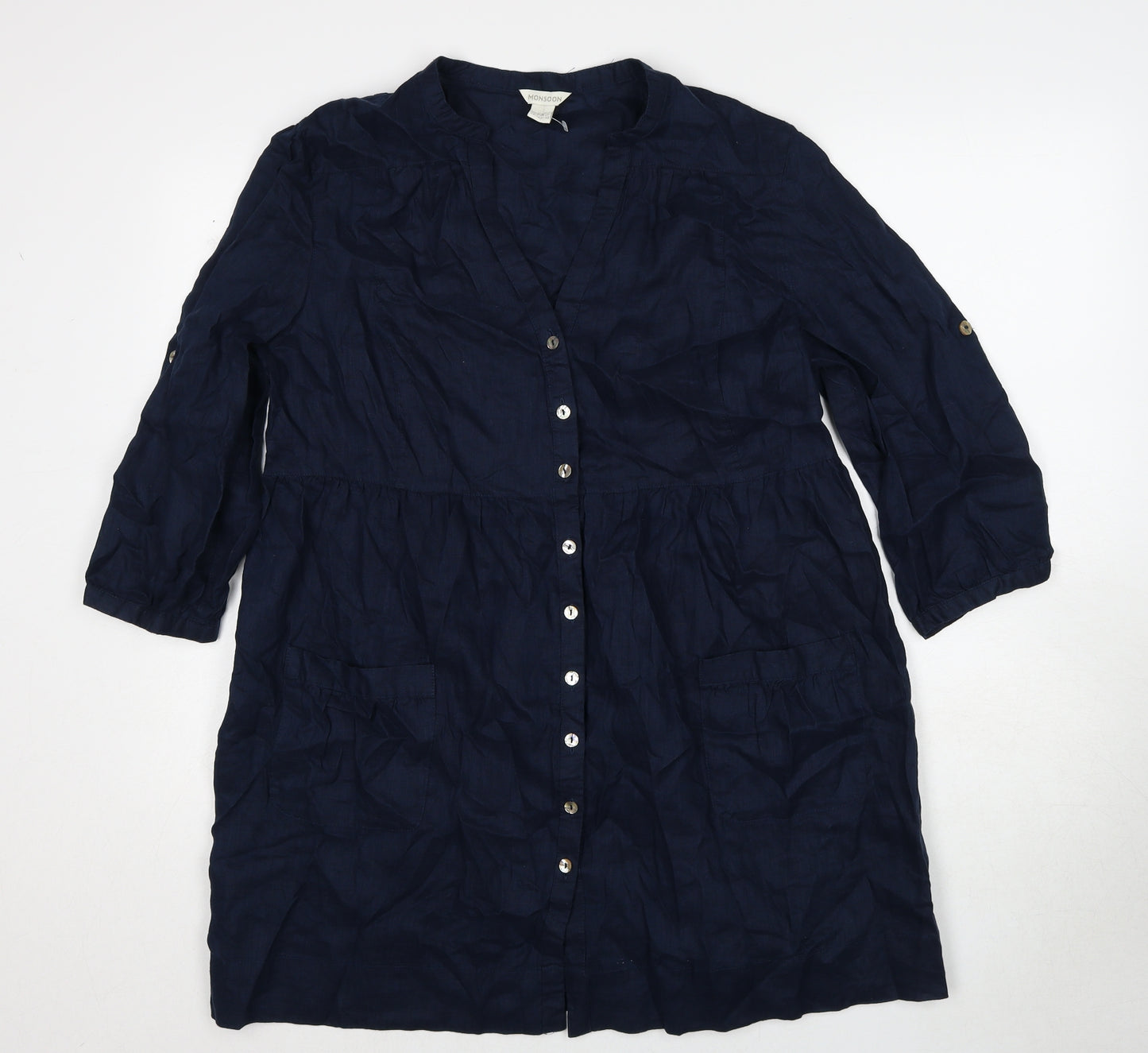 Monsoon Womens Blue Geometric Linen A-Line Size 14 V-Neck Button
