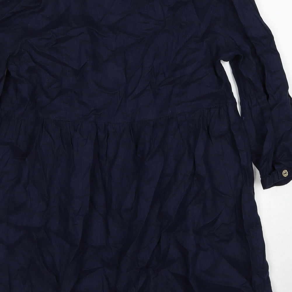 Monsoon Womens Blue Geometric Linen A-Line Size 14 V-Neck Button