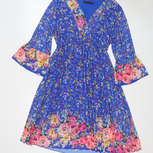 Made in Italy Womens Blue Floral Polyester Fit & Flare Size M V-Neck Pullover - Size M-L