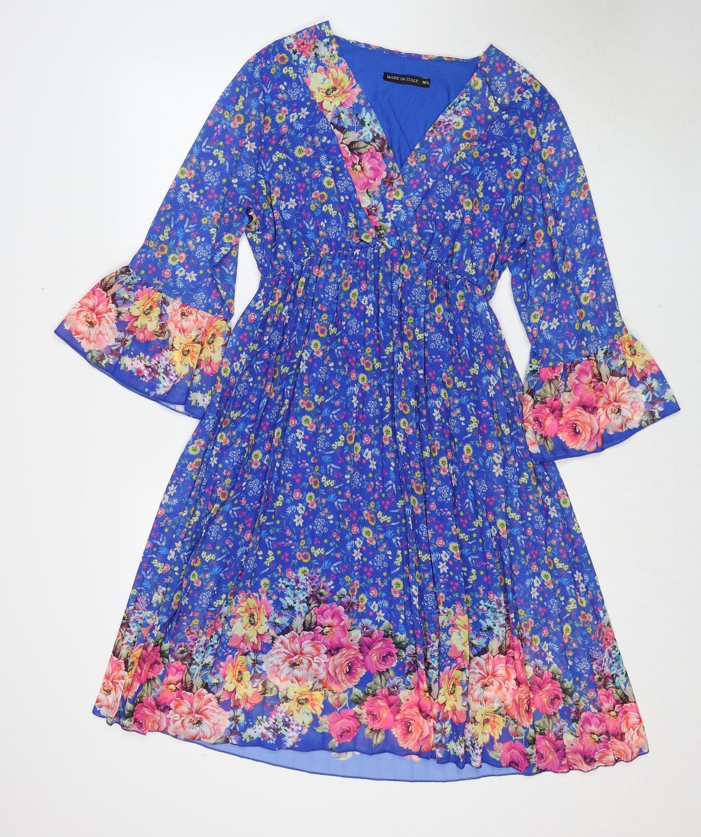 Made in Italy Womens Blue Floral Polyester Fit & Flare Size M V-Neck Pullover - Size M-L