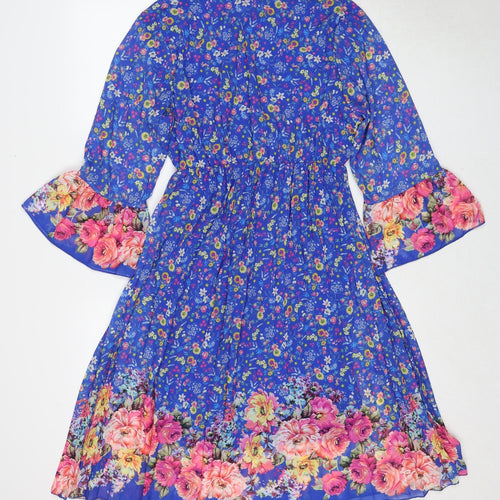 Made in Italy Womens Blue Floral Polyester Fit & Flare Size M V-Neck Pullover - Size M-L
