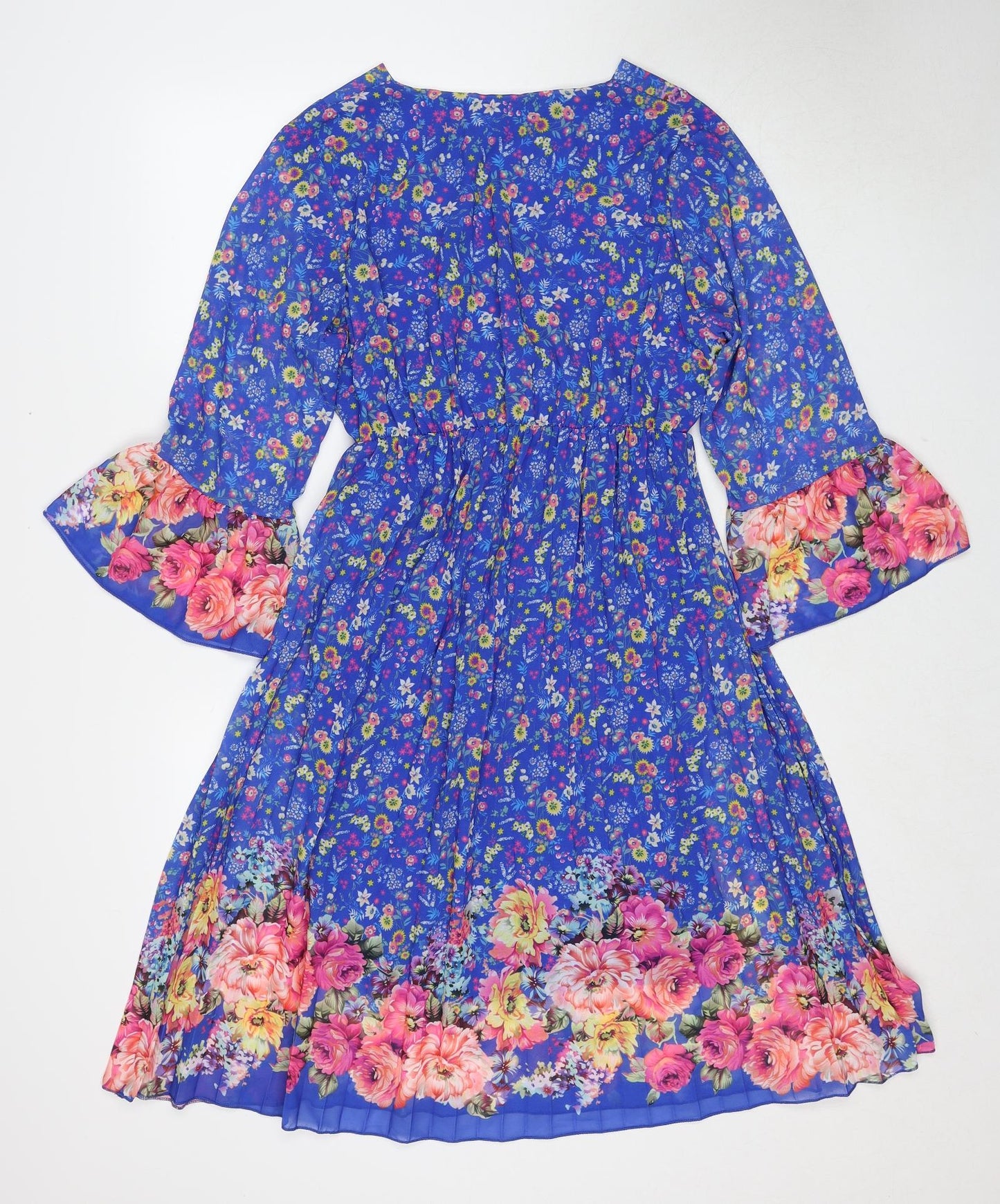Made in Italy Womens Blue Floral Polyester Fit & Flare Size M V-Neck Pullover - Size M-L