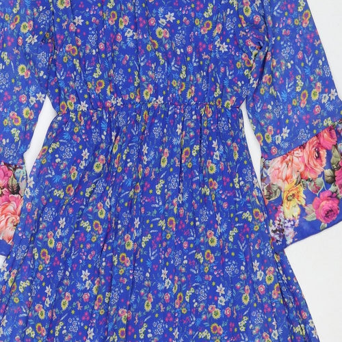 Made in Italy Womens Blue Floral Polyester Fit & Flare Size M V-Neck Pullover - Size M-L