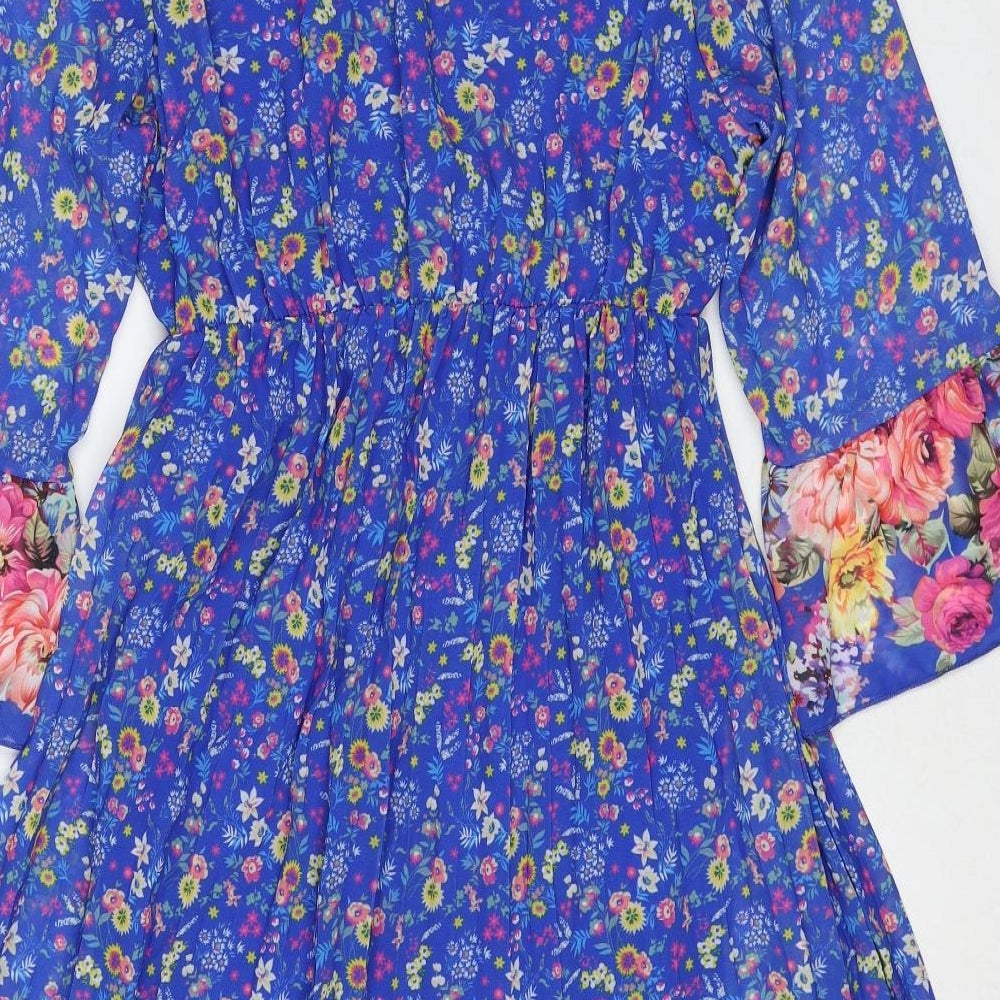 Made in Italy Womens Blue Floral Polyester Fit & Flare Size M V-Neck Pullover - Size M-L