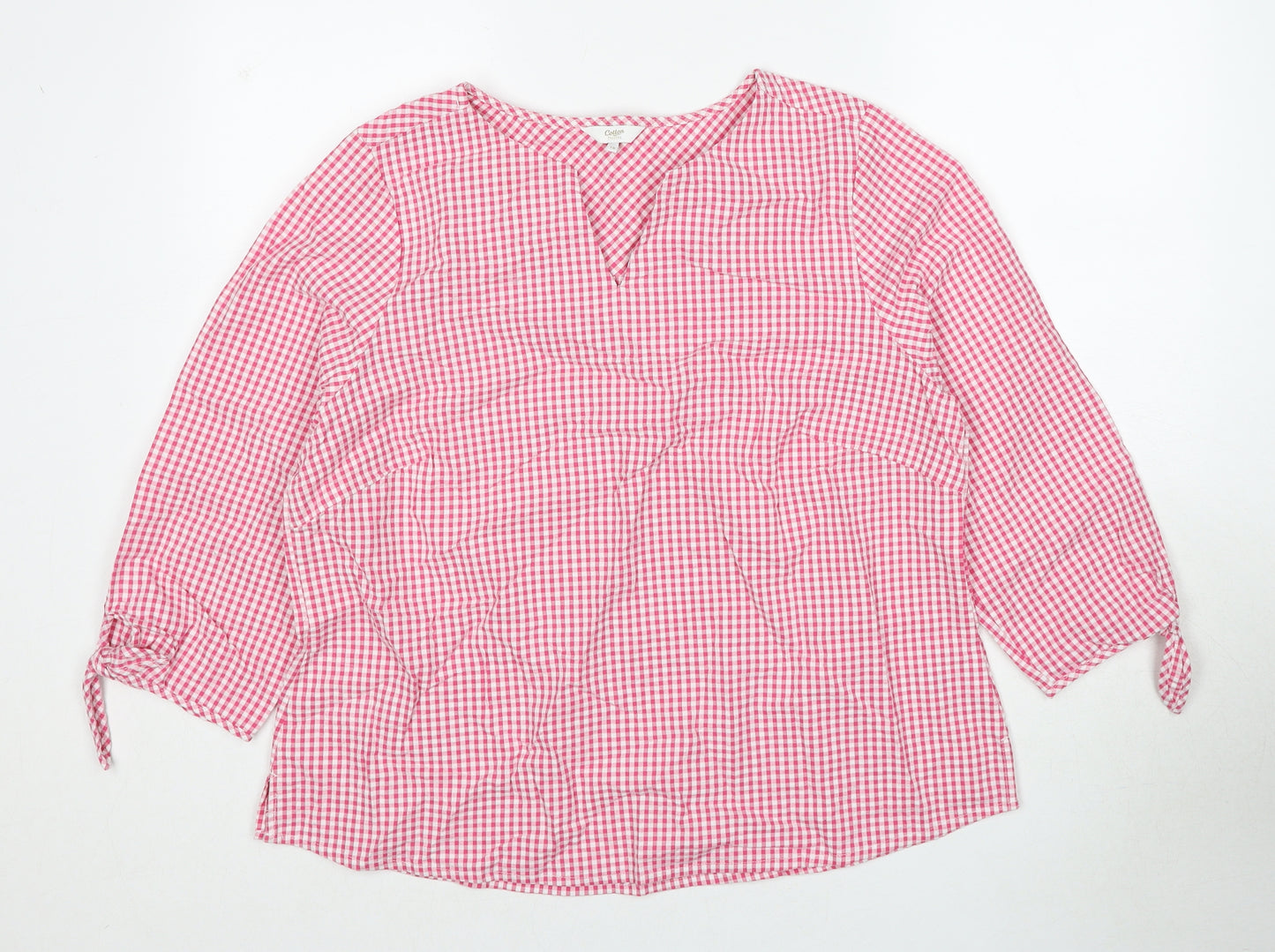 Cotton Traders Womens Pink Geometric Cotton Basic Blouse Size 16 V-Neck