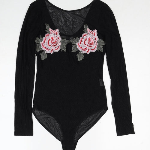 Glamorous Womens Black Polyester Bodysuit One-Piece Size 8 Snap - Rose Detail