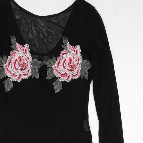 Glamorous Womens Black Polyester Bodysuit One-Piece Size 8 Snap - Rose Detail