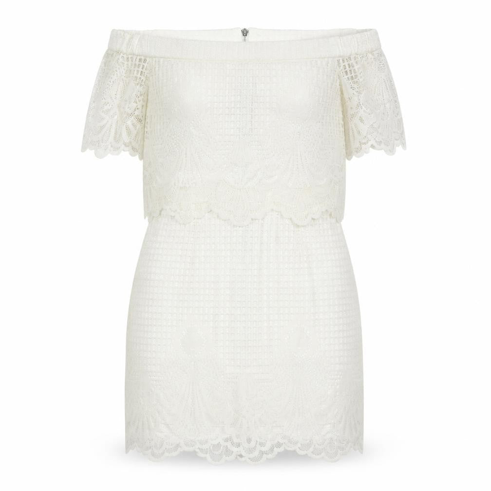 Front view of Topshop women’s white polyester mini, size UK 12, off the shoulder zip