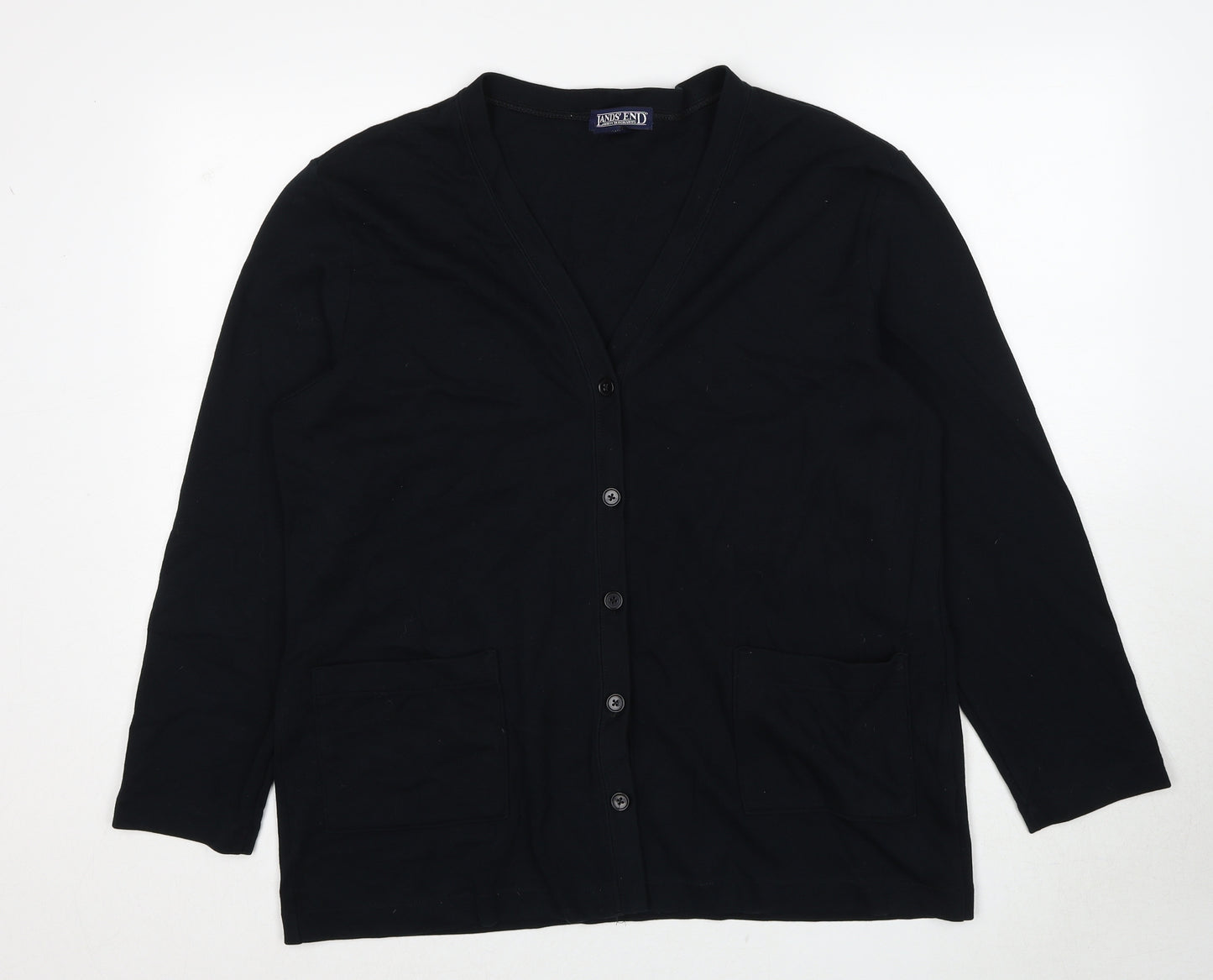 Lands' End Womens Black V-Neck Cotton Cardigan Jumper Size 14 - Size 14-16