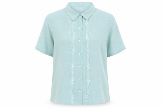 Front view of EWM women’s blue polyester basic button-up, size UK 14, collared