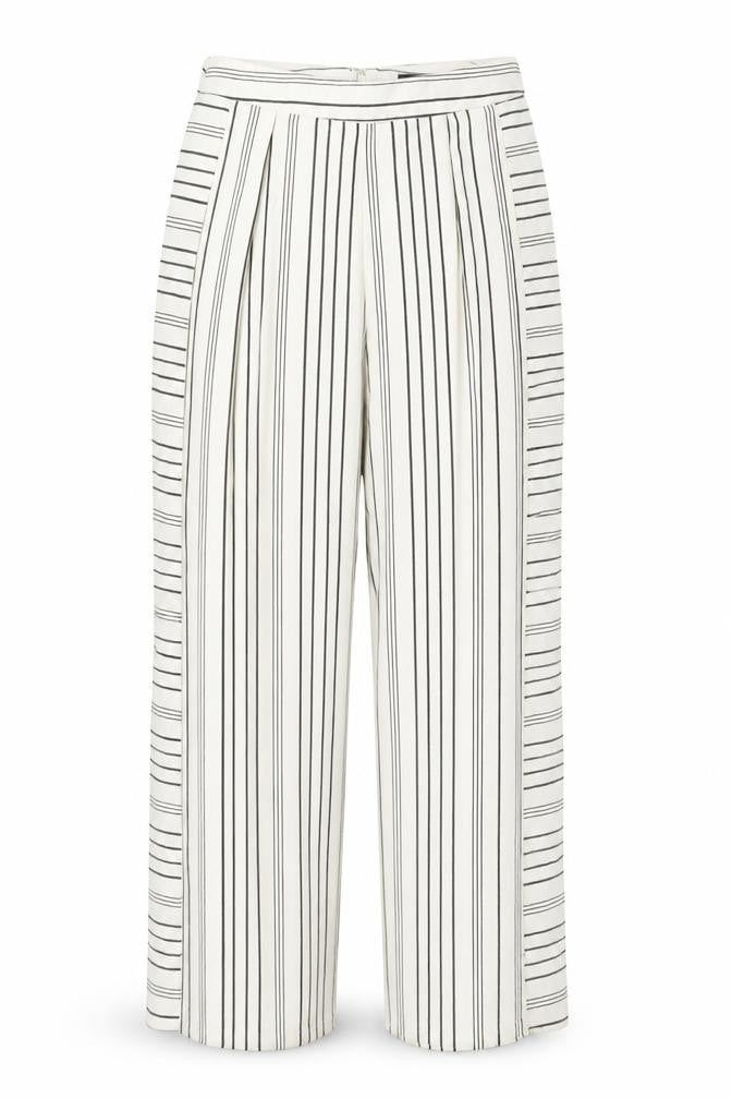 Front view of Topshop women’s white striped polyester trousers, size UK 8, regular zip