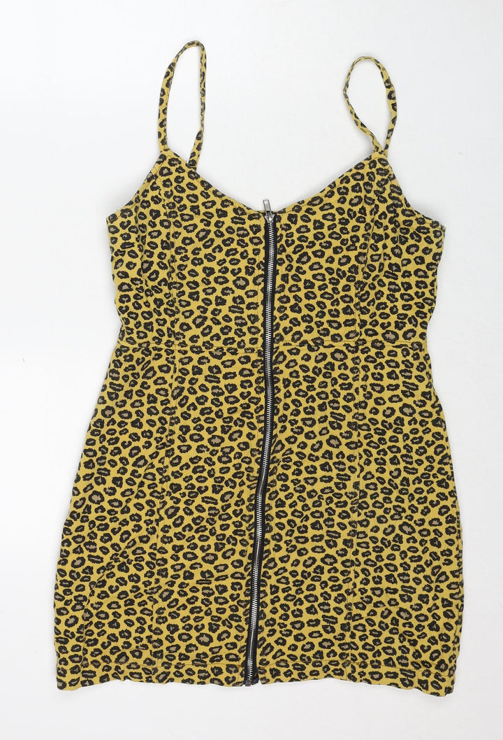 Nasty Gal Womens Yellow Animal Print Cotton Slip Dress Size 10 V-Neck Zip - Leopard Pattern