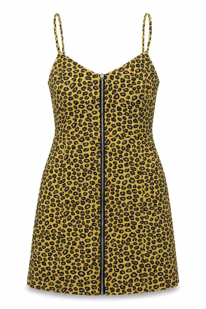 Nasty Gal Womens Yellow Animal Print Cotton Slip Dress Size 10 V-Neck Zip - Leopard Pattern