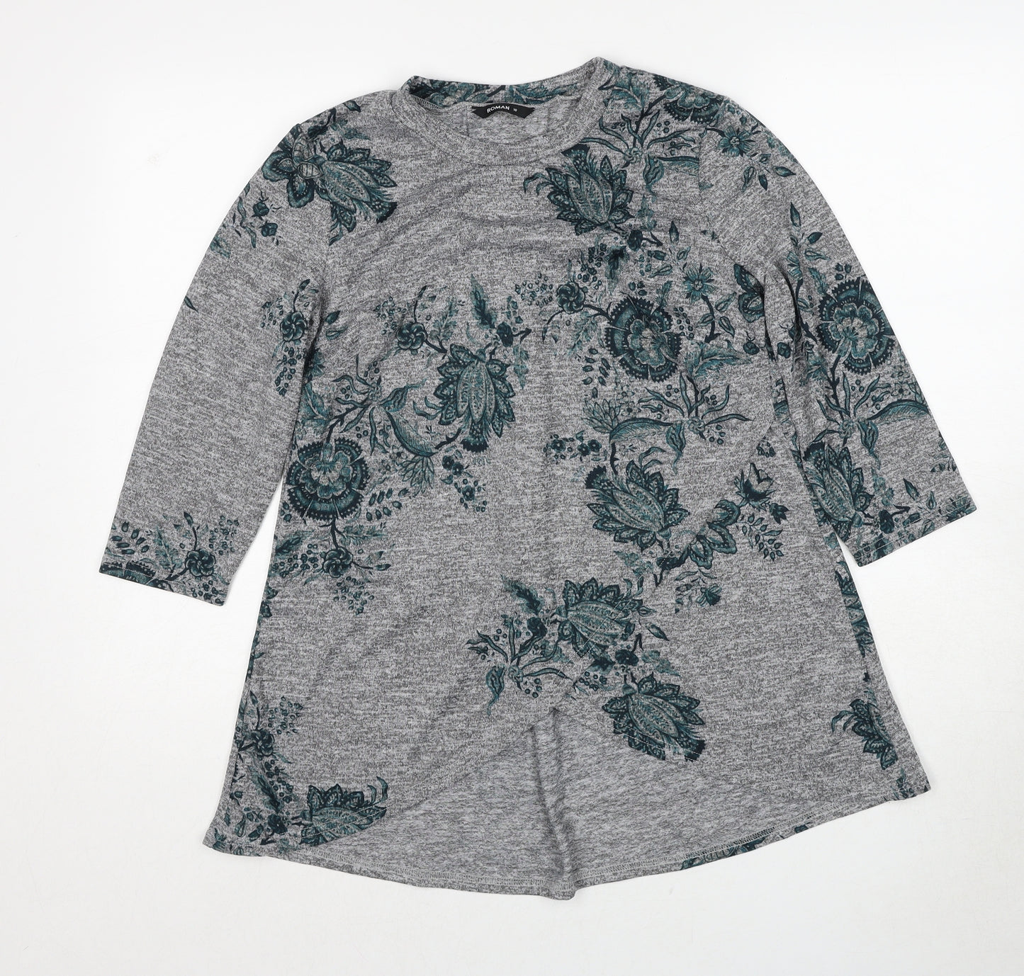 Roman Womens Grey Round Neck Floral Polyester Pullover Jumper Size 10