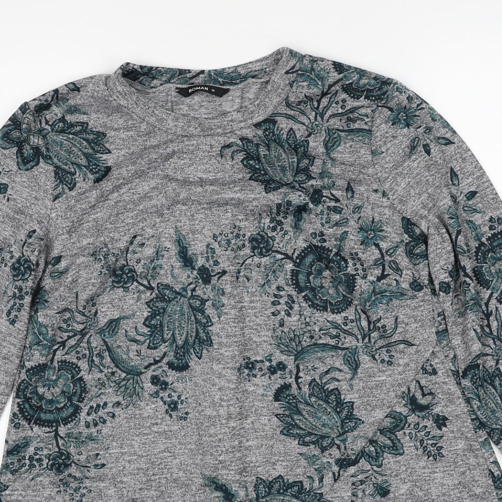 Roman Womens Grey Round Neck Floral Polyester Pullover Jumper Size 10