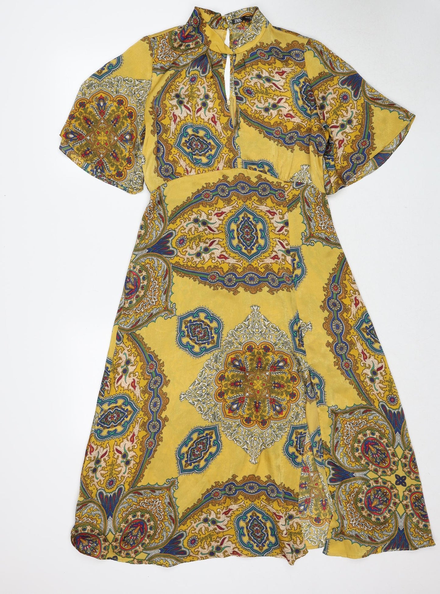 Zara Womens Yellow Geometric Polyester Trapeze & Swing Size M Round Neck Zip